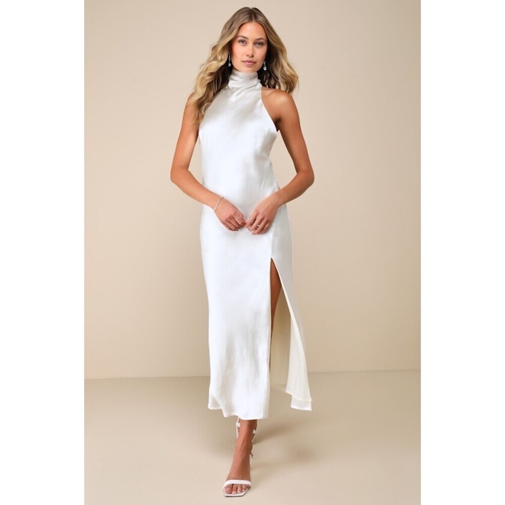 Exceptional Status Ivory Halter Backless Slip Midi Dress